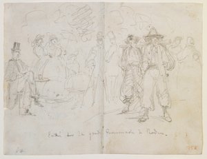 バーデンのグランドプロムナードの入り口、1858年（オフホワイトの紙に鉛筆） 作： James Abbott McNeill Whistler
